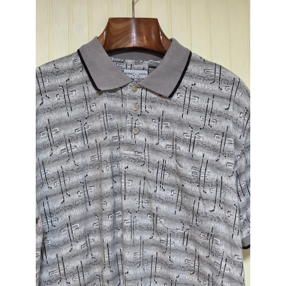 Michael Austin Golf Shirt Mens Large Gray Polo All Over Golf Club‎ Print